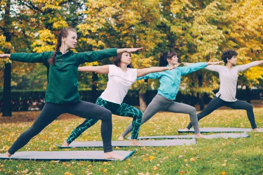 Un groupe de personnes pratique des séances de yoga en plein air pendant l'automne.